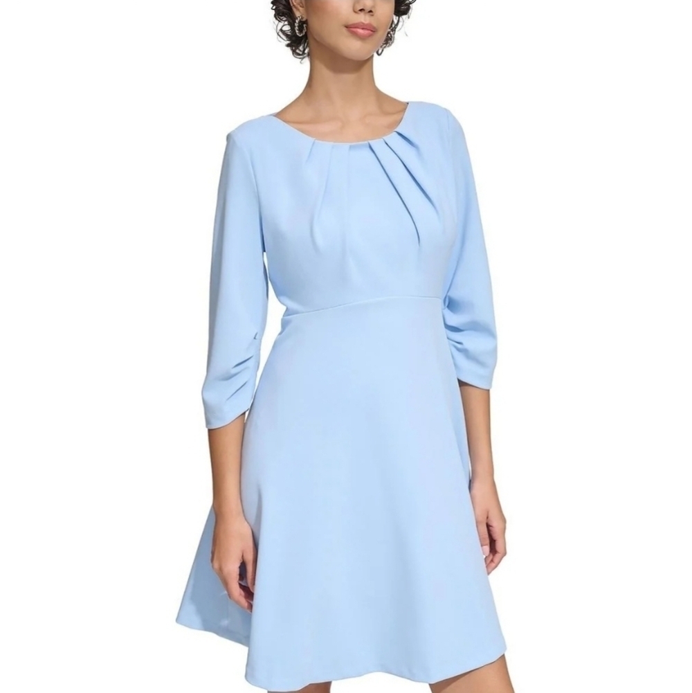 NWT Calvin Klein Pleated Shift 3/4 Sleeve Ruched A-Line Dress Blue Serene